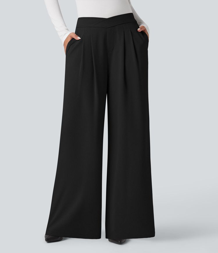Crossover High Waisted Work Baggy Trousers with Pockets