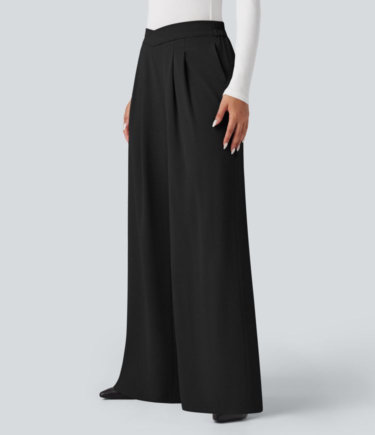 Crossover High Waisted Work Baggy Trousers with Pockets