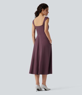 Push-Up Sweetheart Neck Sleeveless Flare Midi Bridesmaid And Wedding Guest Dress with Pockets A/B Cup