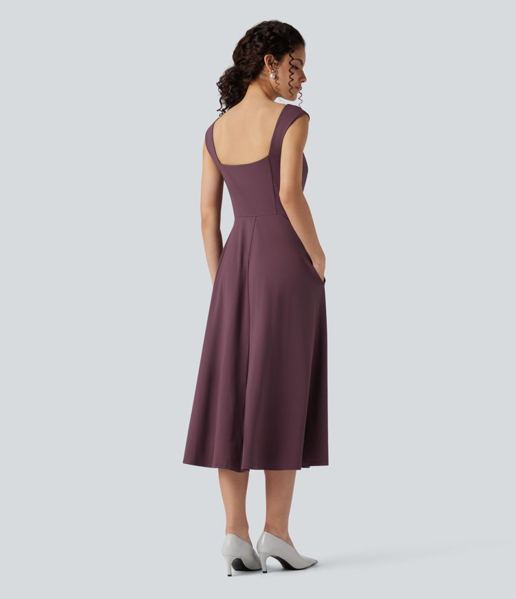 Push-Up Sweetheart Neck Sleeveless Flare Midi Bridesmaid And Wedding Guest Dress with Pockets A/B Cup
