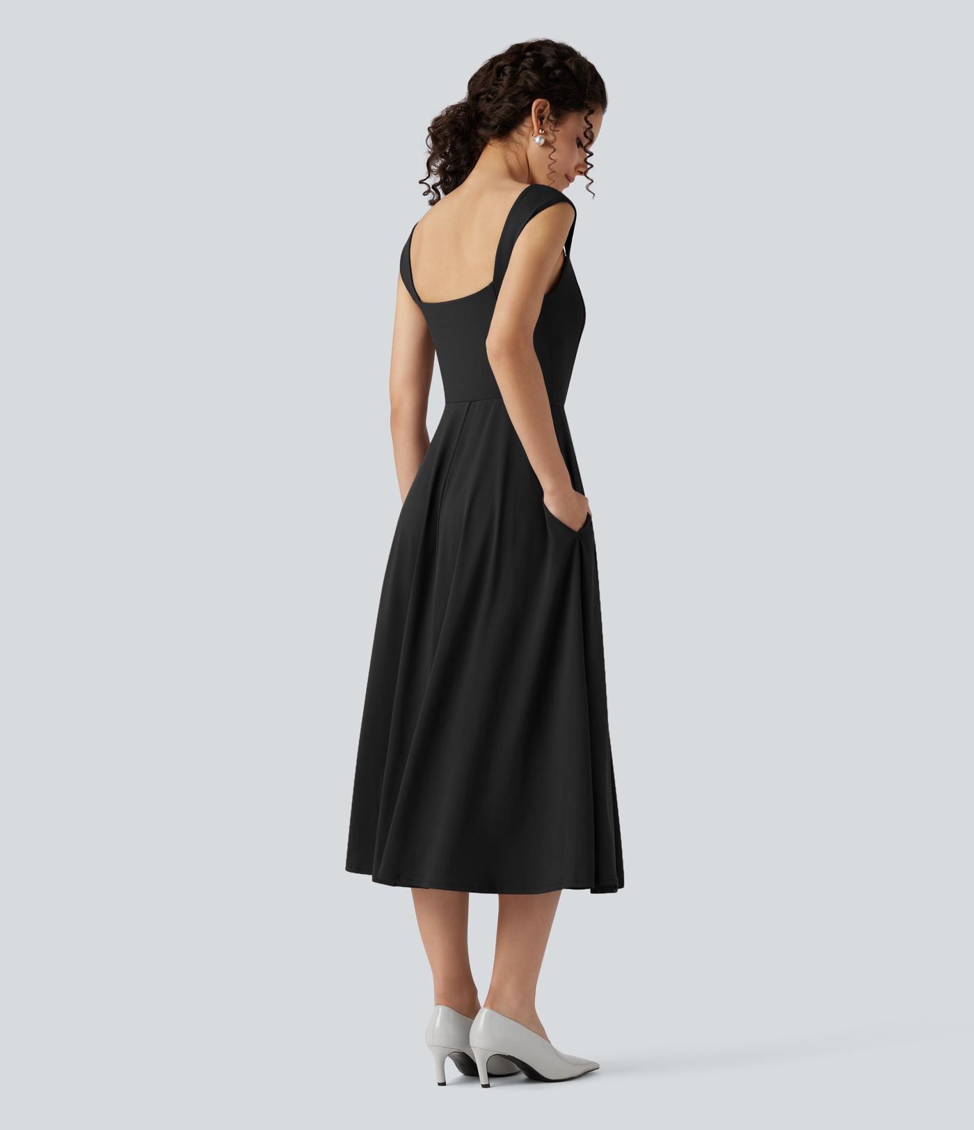 Ausgestelltes, ärmelloses Midi-Kleid mit Herzausschnitt und Seitentaschen für Brautjungfern und Hochzeitsgäste - Push-Up