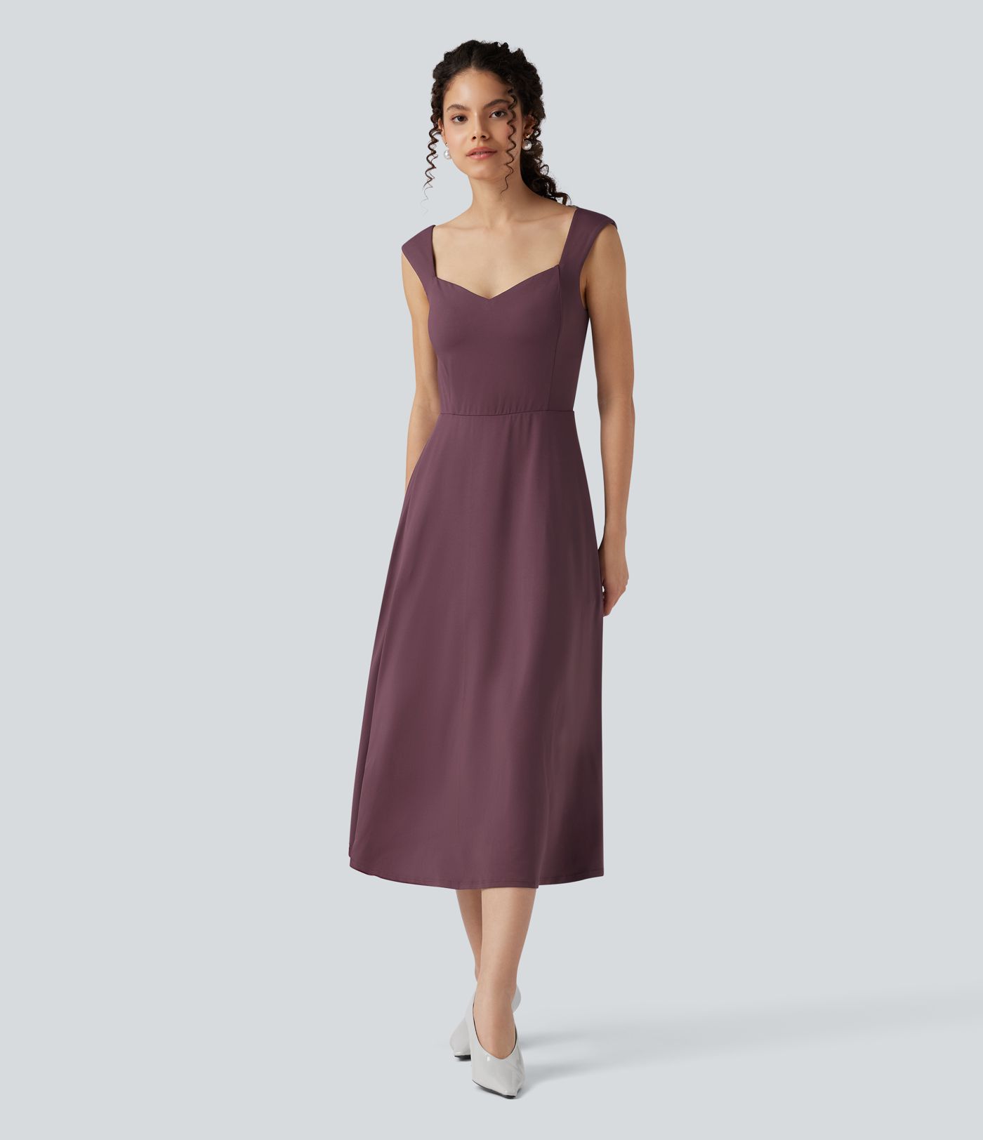 Push-Up Sweetheart Neck Sleeveless Flare Midi Bridesmaid And Wedding Guest Dress with Pockets A/B Cup