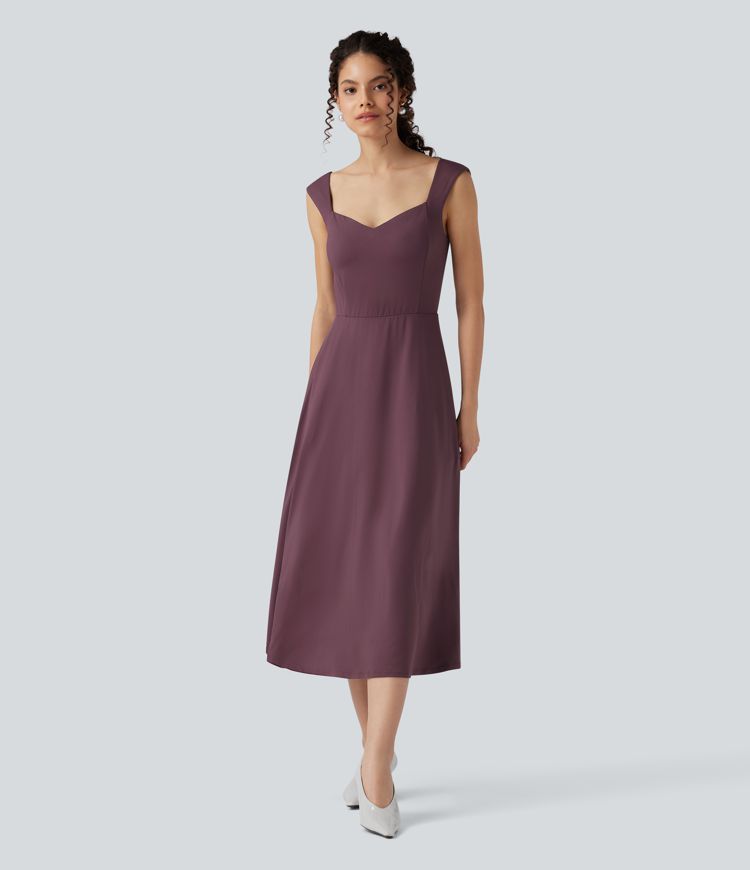 Push-Up Sweetheart Neck Sleeveless Flare Midi Bridesmaid And Wedding Guest Dress with Pockets A/B Cup