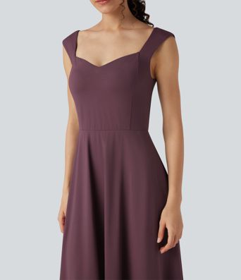 Push-Up Sweetheart Neck Sleeveless Flare Midi Bridesmaid And Wedding Guest Dress with Pockets A/B Cup
