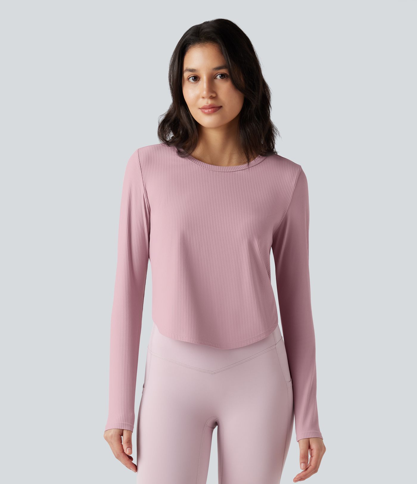 Ribbed Round Neck Long Sleeve Curved Hem Yoga Sports Top