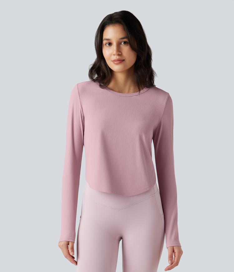 Ribbed Round Neck Long Sleeve Curved Hem Yoga Sports Top