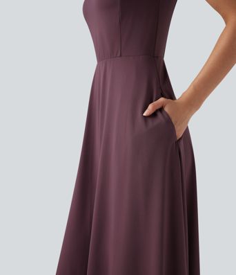 Push-Up Sweetheart Neck Sleeveless Flare Midi Bridesmaid And Wedding Guest Dress with Pockets A/B Cup