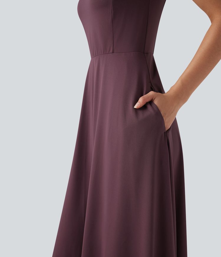 Push-Up Sweetheart Neck Sleeveless Flare Midi Bridesmaid And Wedding Guest Dress with Pockets A/B Cup