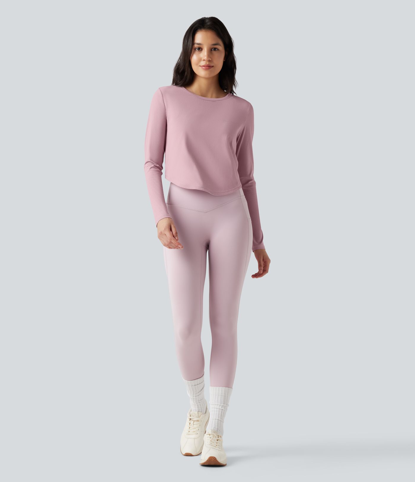 Ribbed Round Neck Long Sleeve Curved Hem Yoga Sports Top