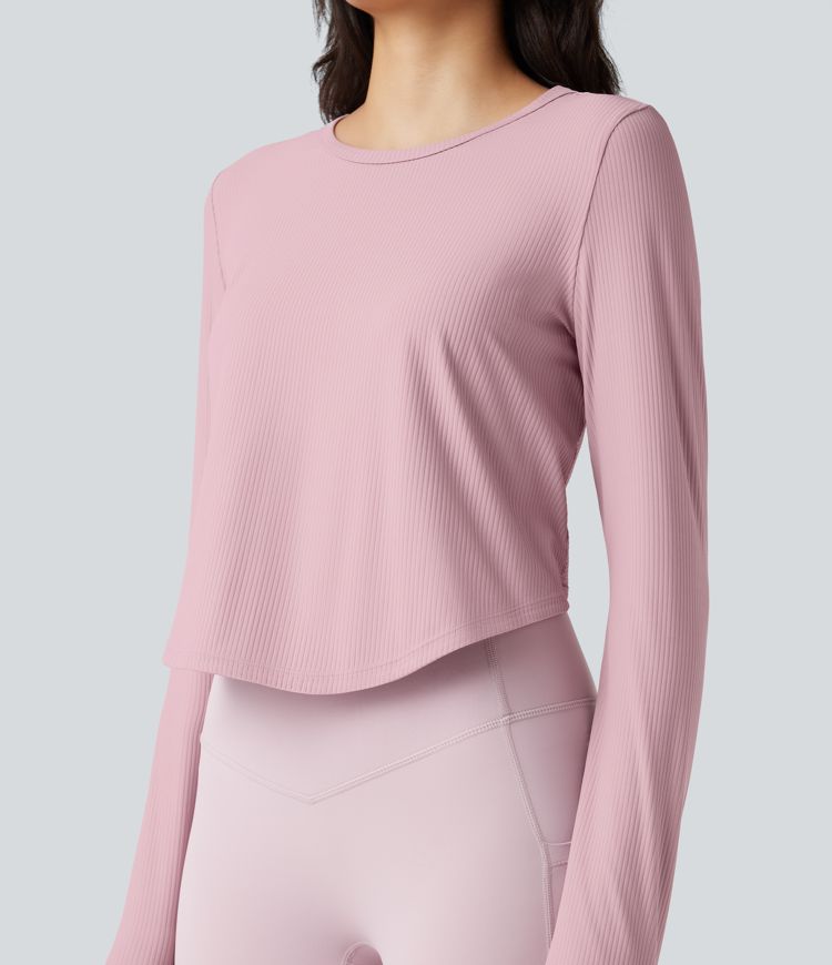 Ribbed Round Neck Long Sleeve Curved Hem Yoga Sports Top