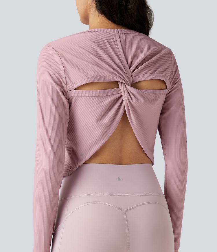 Ribbed Round Neck Long Sleeve Curved Hem Yoga Sports Top