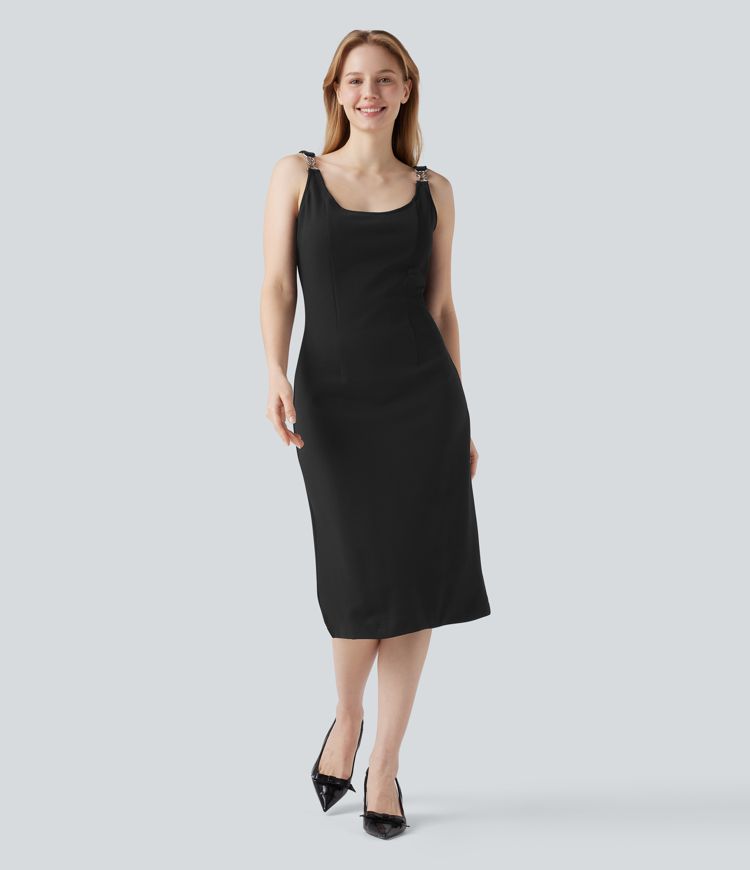 Wear-Resistant Cowl Back Sleeveless Split Midi Ponte Roma Work Dress