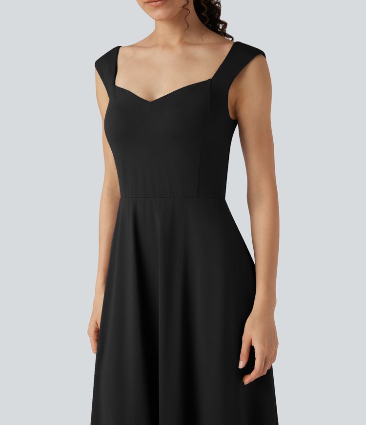 Push-Up Sweetheart Neck Sleeveless Flare Midi Bridesmaid And Wedding Guest Dress with Pockets