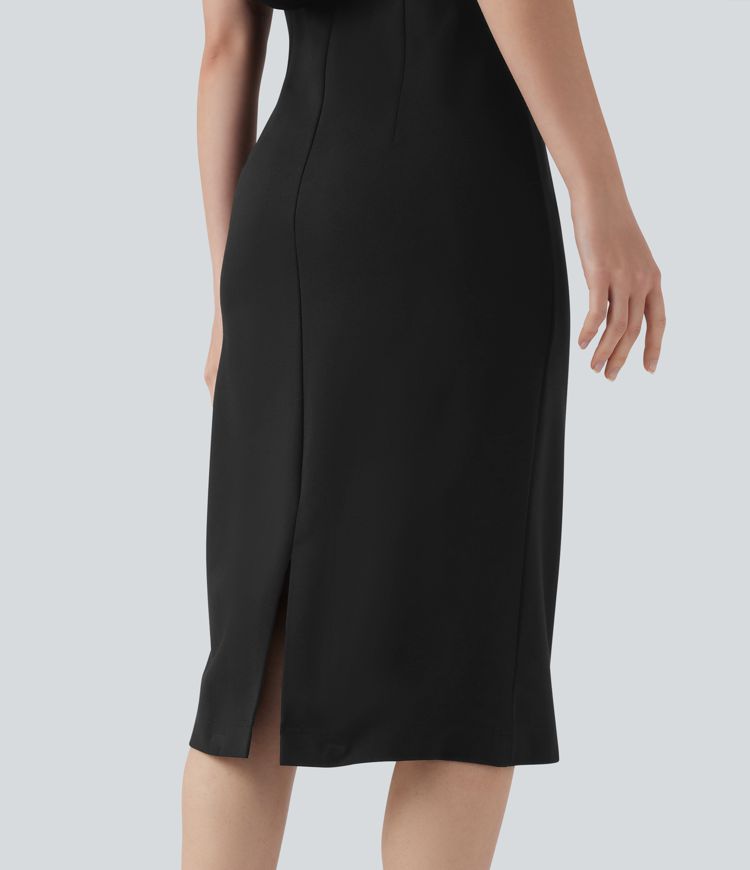 Wear-Resistant Cowl Back Sleeveless Split Midi Ponte Roma Work Dress