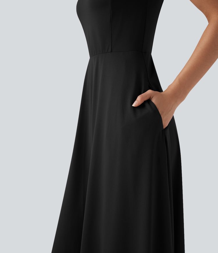 Push-Up Sweetheart Neck Sleeveless Flare Midi Bridesmaid And Wedding Guest Dress with Pockets