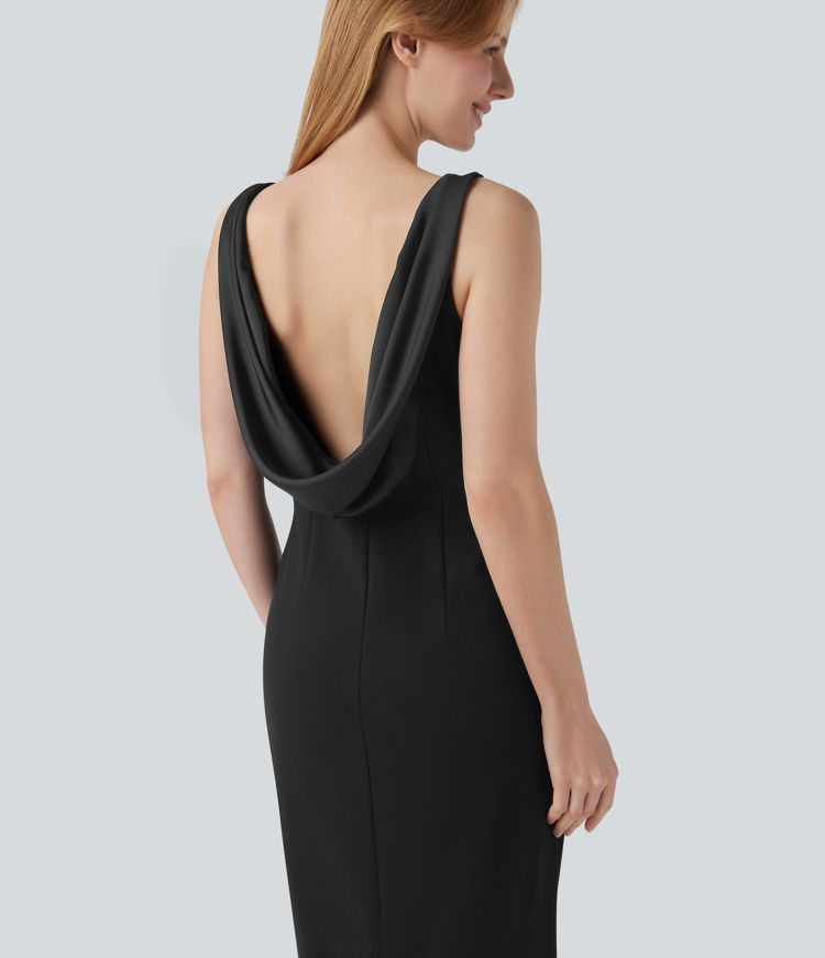 Wear-Resistant Cowl Back Sleeveless Split Midi Ponte Roma Work Dress