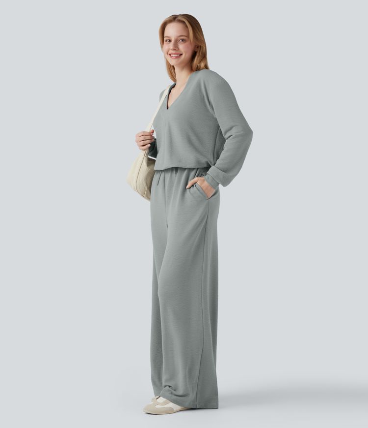 V-neck Long Sleeve Drawstring Casual Jumpsuit with Pockets-Easy Peezy