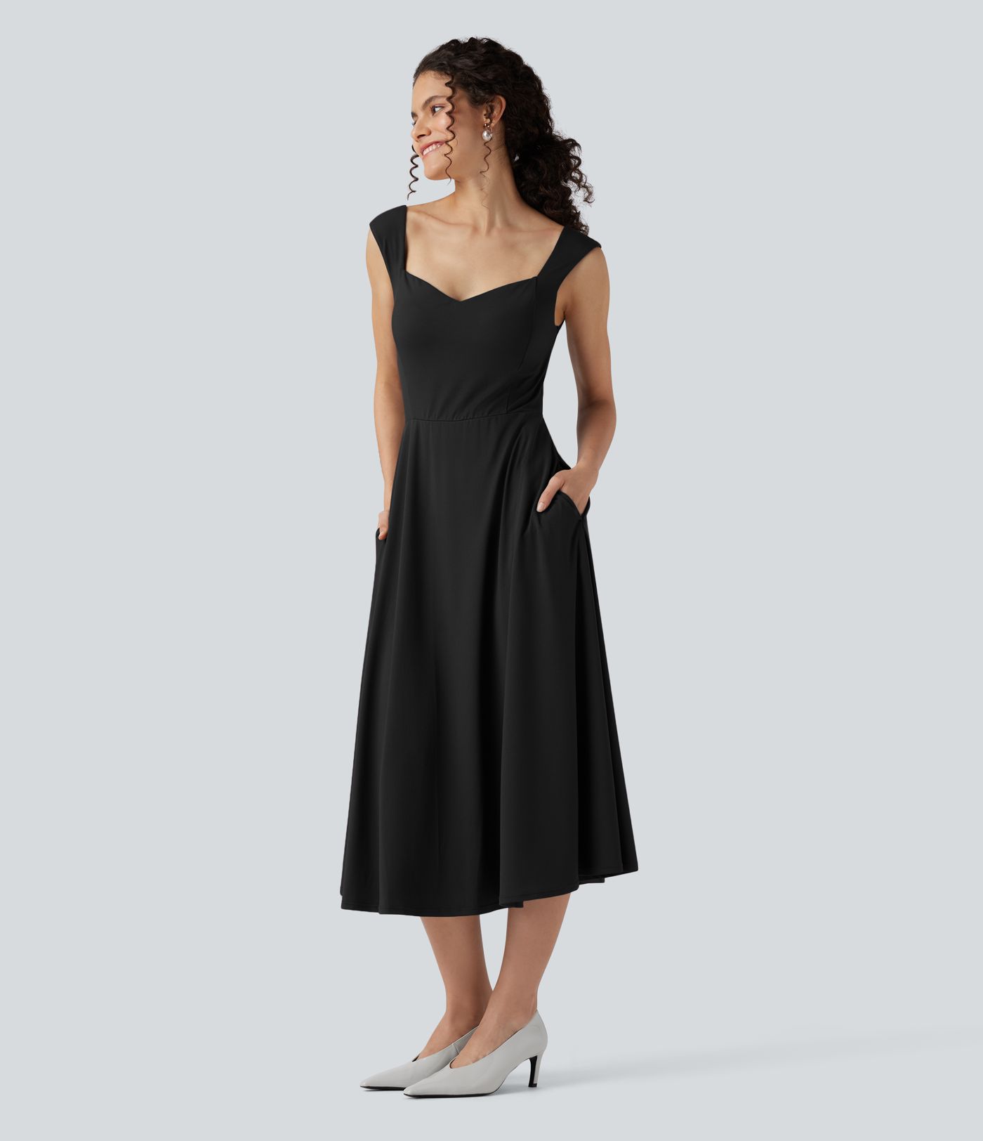 Ausgestelltes, ärmelloses Midi-Kleid mit Herzausschnitt und Seitentaschen für Brautjungfern und Hochzeitsgäste - Push-Up