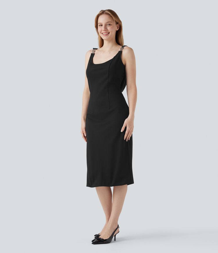 Wear-Resistant Cowl Back Sleeveless Split Midi Ponte Roma Work Dress