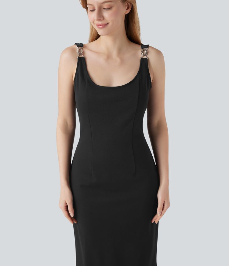 Wear-Resistant Cowl Back Sleeveless Split Midi Ponte Roma Work Dress