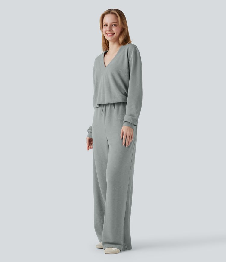 V-neck Long Sleeve Drawstring Casual Jumpsuit with Pockets-Easy Peezy