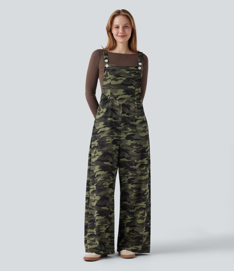 Camo Waffle Casual Overalls with Pockets