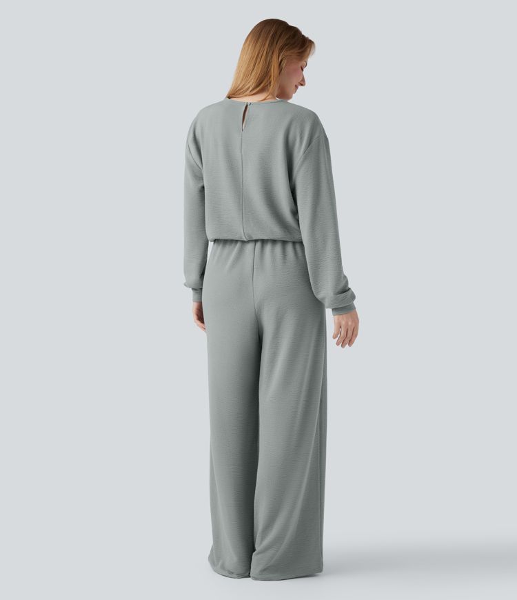V-neck Long Sleeve Drawstring Casual Jumpsuit with Pockets-Easy Peezy