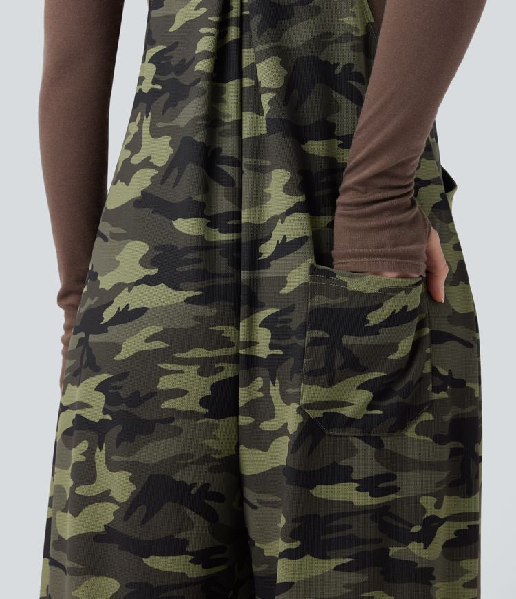 Camo Waffle Casual Overalls with Pockets