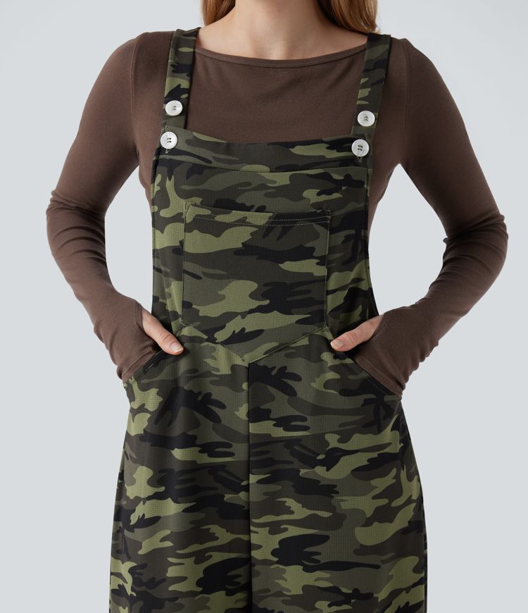 Camo Waffle Casual Overalls with Pockets