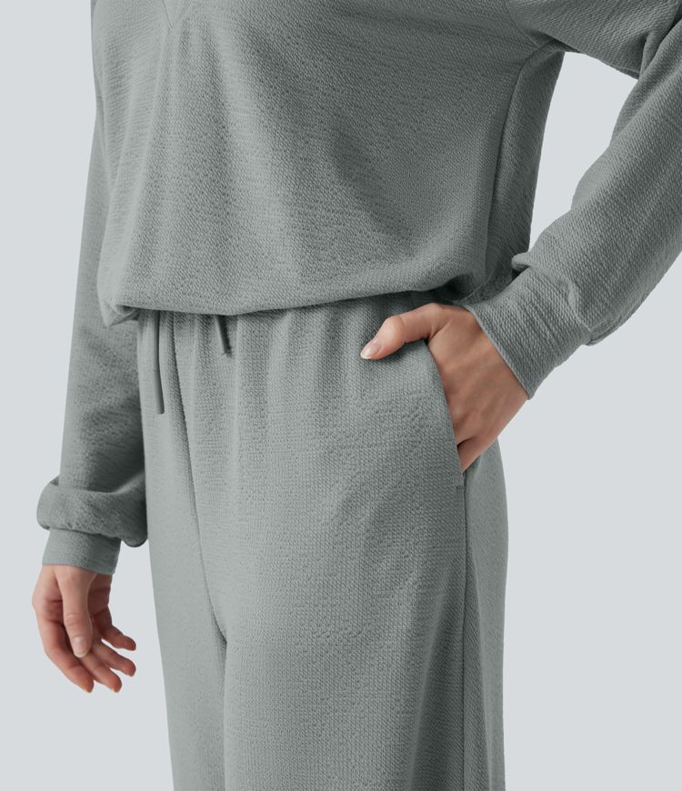 V-neck Long Sleeve Drawstring Casual Jumpsuit with Pockets-Easy Peezy