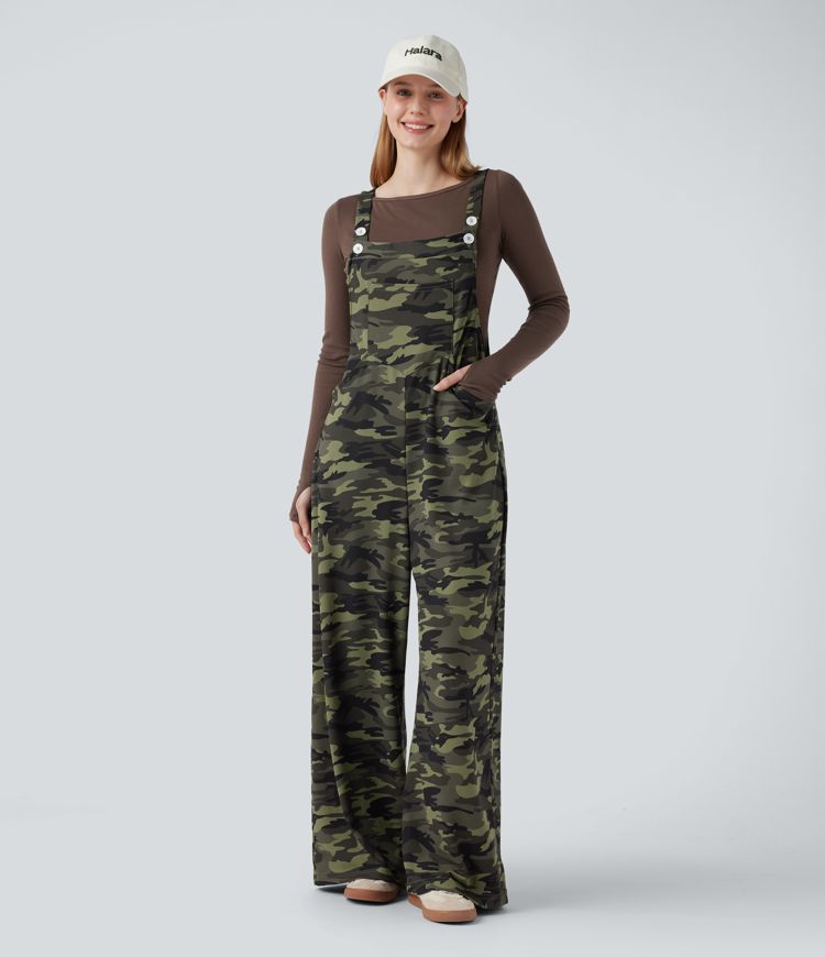 Camo Waffle Casual Overalls with Pockets