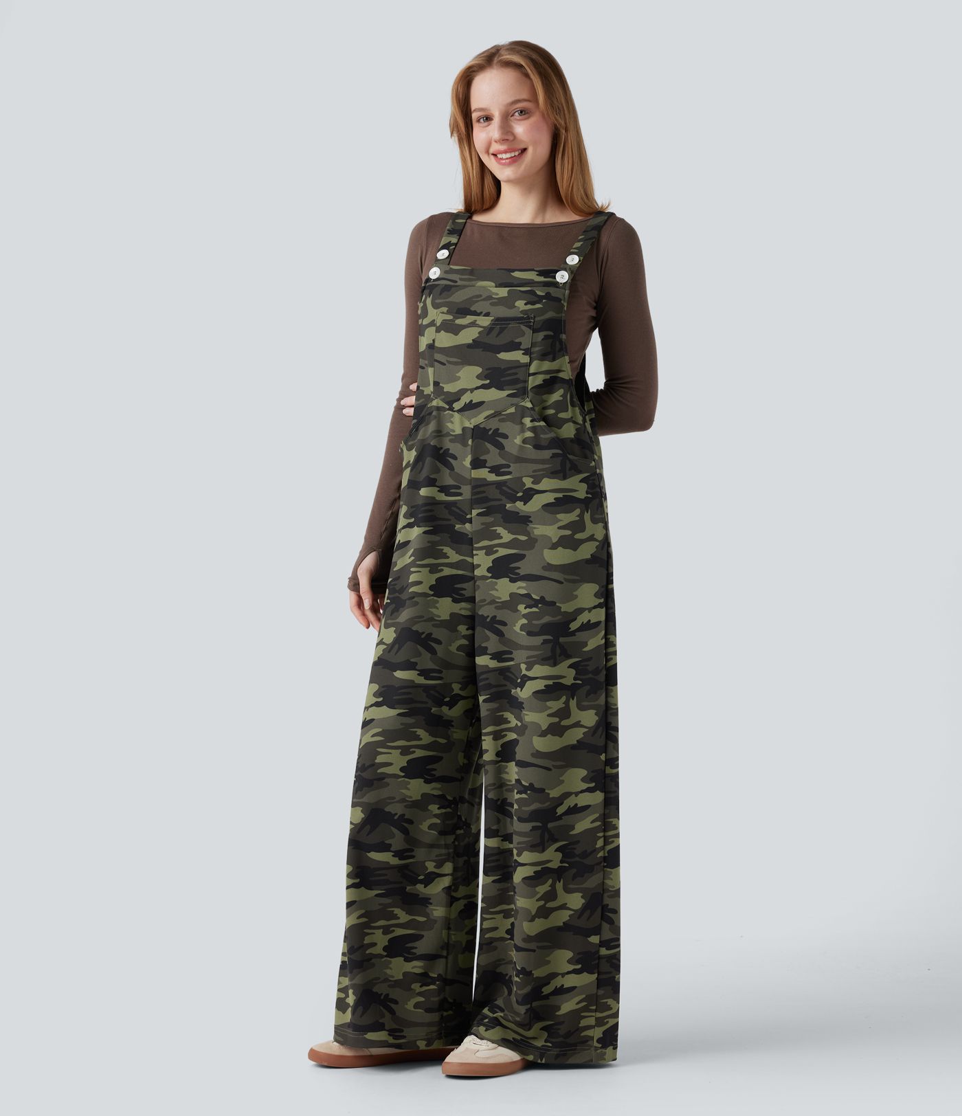 Camo Waffle Casual Overalls with Pockets