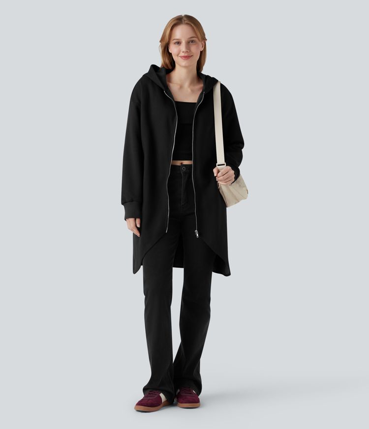 Sudadera longline con capucha y cremallera, mangas largas, dobladillo curvo, de algodón y estilo casual, con bolsillos