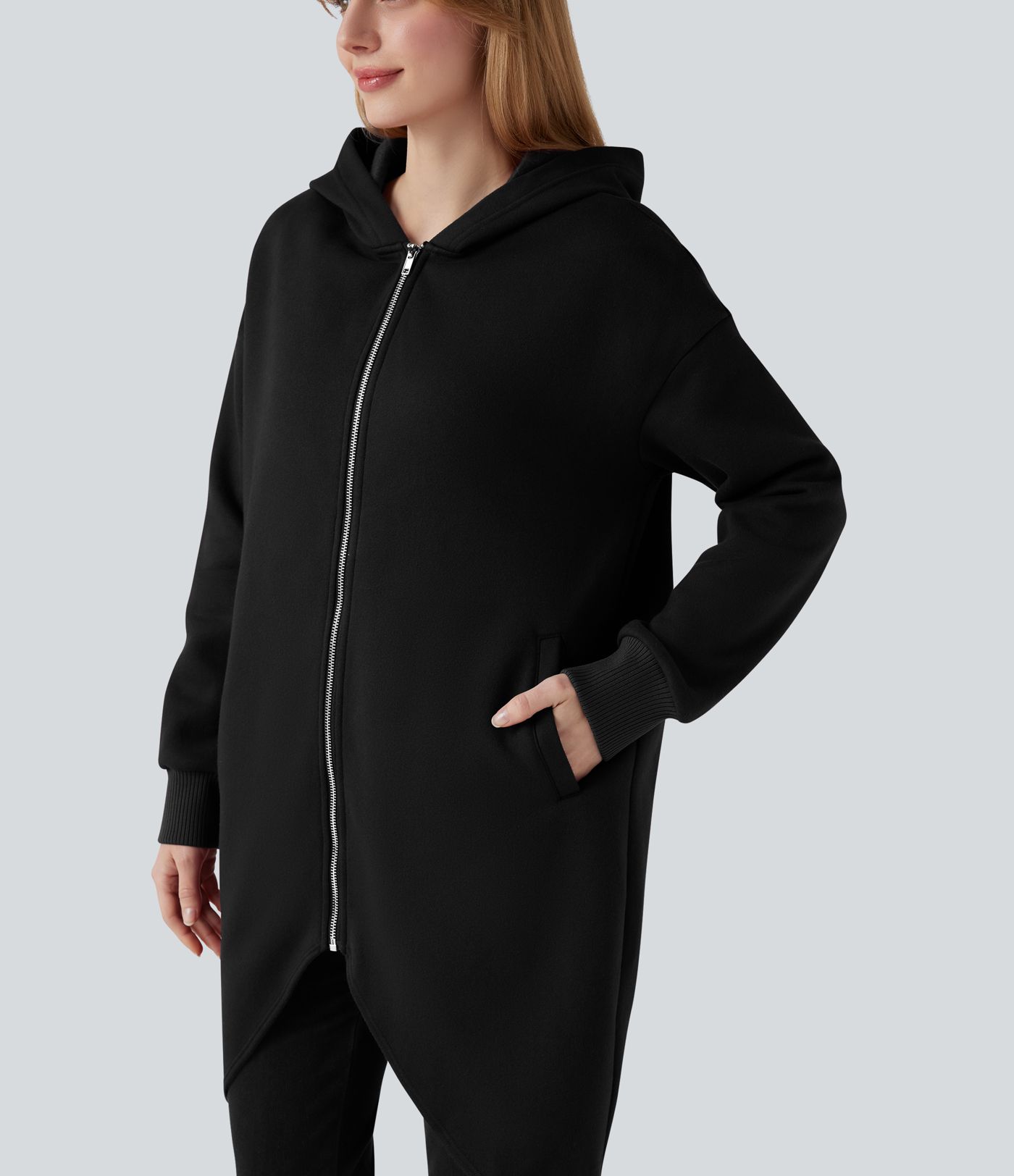 Sudadera longline con capucha y cremallera, mangas largas, dobladillo curvo, de algodón y estilo casual, con bolsillos