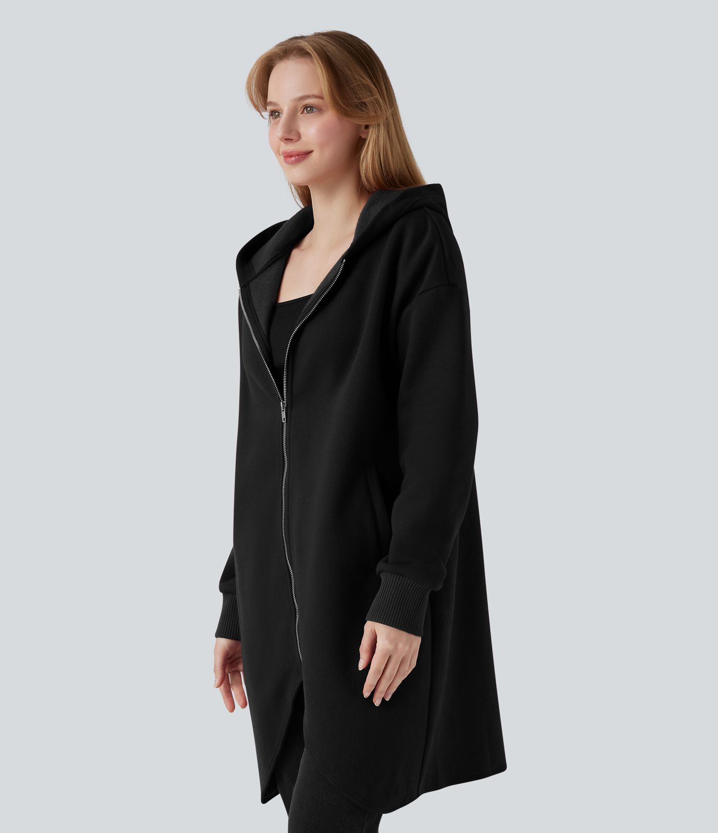 Sudadera longline con capucha y cremallera, mangas largas, dobladillo curvo, de algodón y estilo casual, con bolsillos