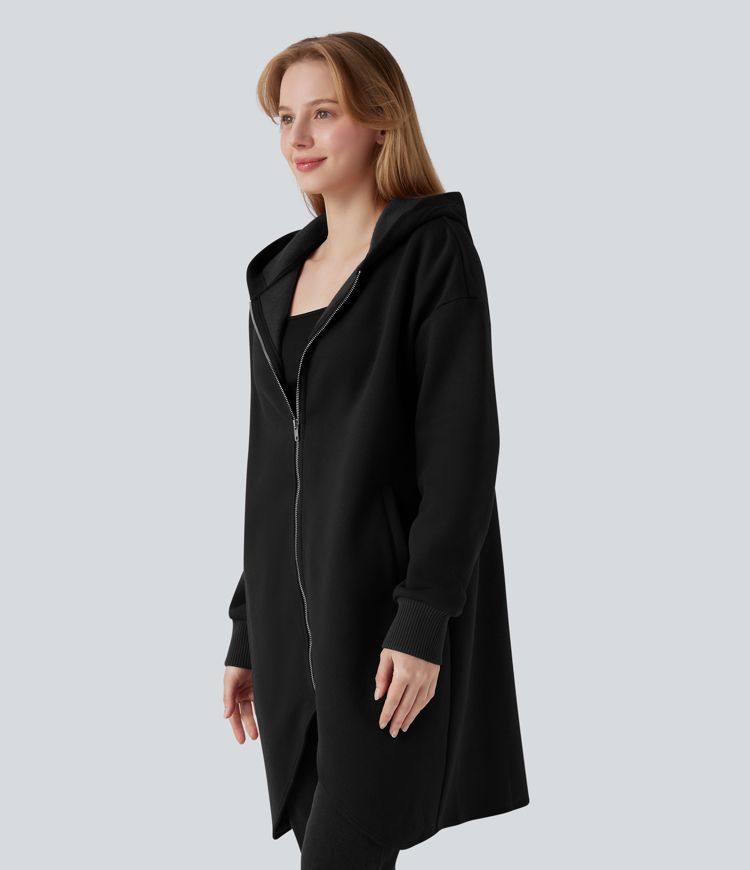 Sudadera longline con capucha y cremallera, mangas largas, dobladillo curvo, de algodón y estilo casual, con bolsillos