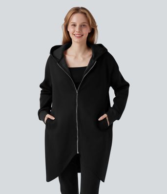 Sudadera longline con capucha y cremallera, mangas largas, dobladillo curvo, de algodón y estilo casual, con bolsillos