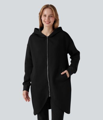 Sudadera longline con capucha y cremallera, mangas largas, dobladillo curvo, de algodón y estilo casual, con bolsillos