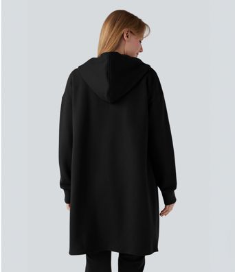 Sudadera longline con capucha y cremallera, mangas largas, dobladillo curvo, de algodón y estilo casual, con bolsillos