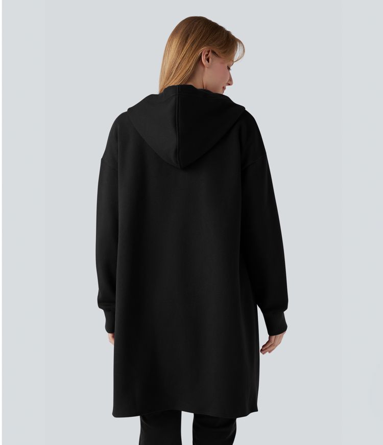 Sudadera longline con capucha y cremallera, mangas largas, dobladillo curvo, de algodón y estilo casual, con bolsillos