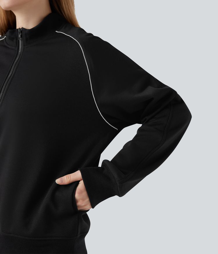 Lässiges Raglan-Sweatshirt mit Halbreißverschluss, langen Ärmeln, Color-Block und Taschen