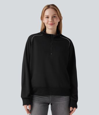Lässiges Raglan-Sweatshirt mit Halbreißverschluss, langen Ärmeln, Color-Block und Taschen