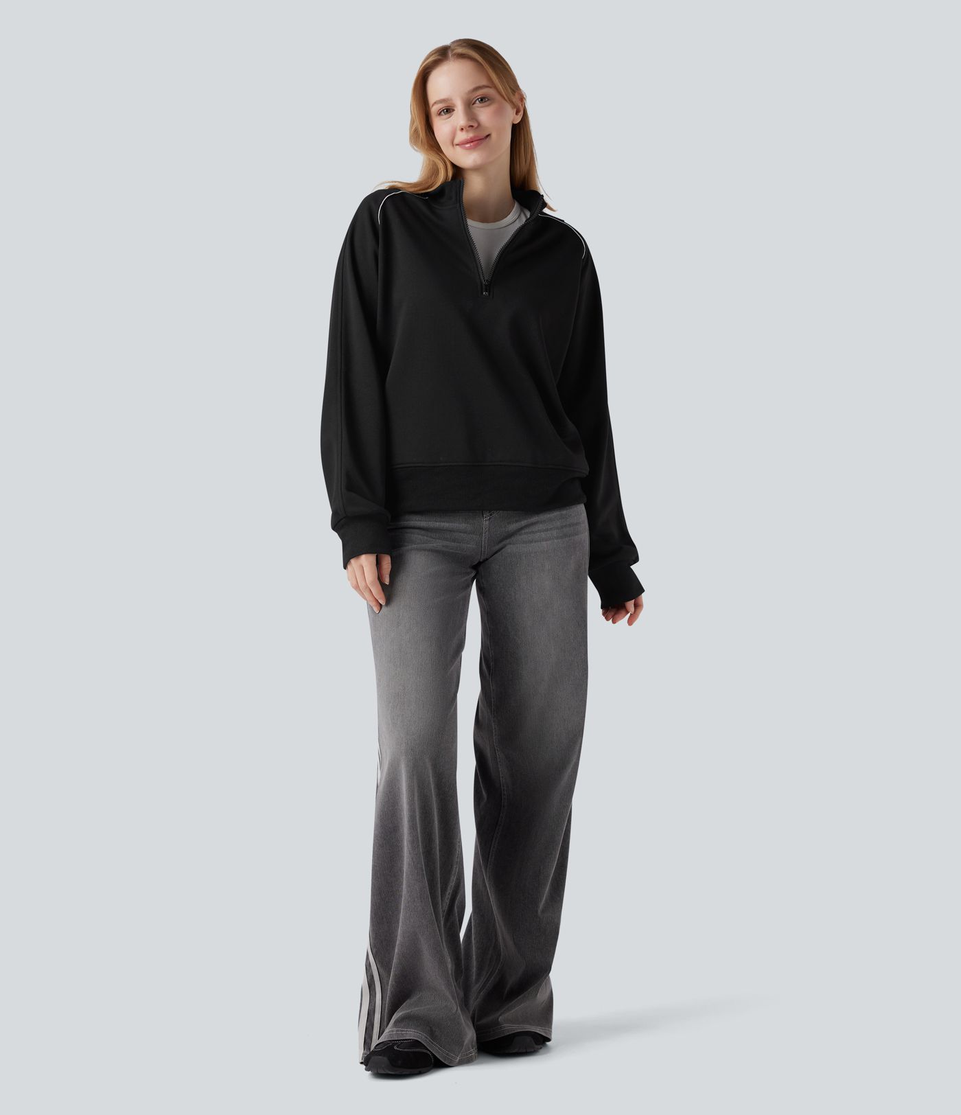 Lässiges Raglan-Sweatshirt mit Halbreißverschluss, langen Ärmeln, Color-Block und Taschen