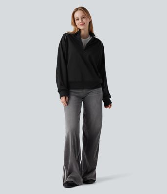 Lässiges Raglan-Sweatshirt mit Halbreißverschluss, langen Ärmeln, Color-Block und Taschen