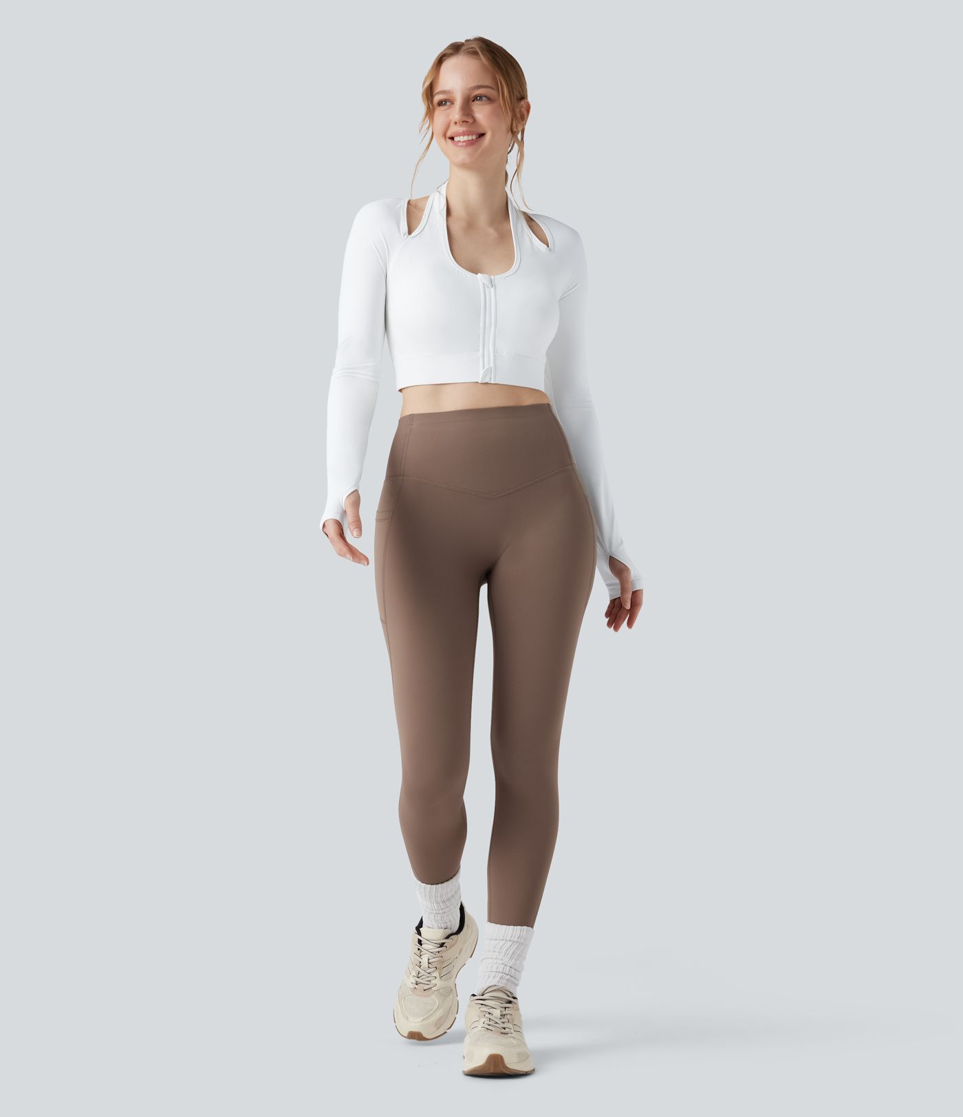 Halara UltraSculpt™ Push-Up Molded Cups Halter Long Sleeve Thumb Holes Zipper Cropped Workout Sports Top