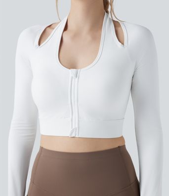 Halara UltraSculpt™ Push-Up Molded Cups Halter Long Sleeve Thumb Holes Zipper Cropped Workout Sports Top