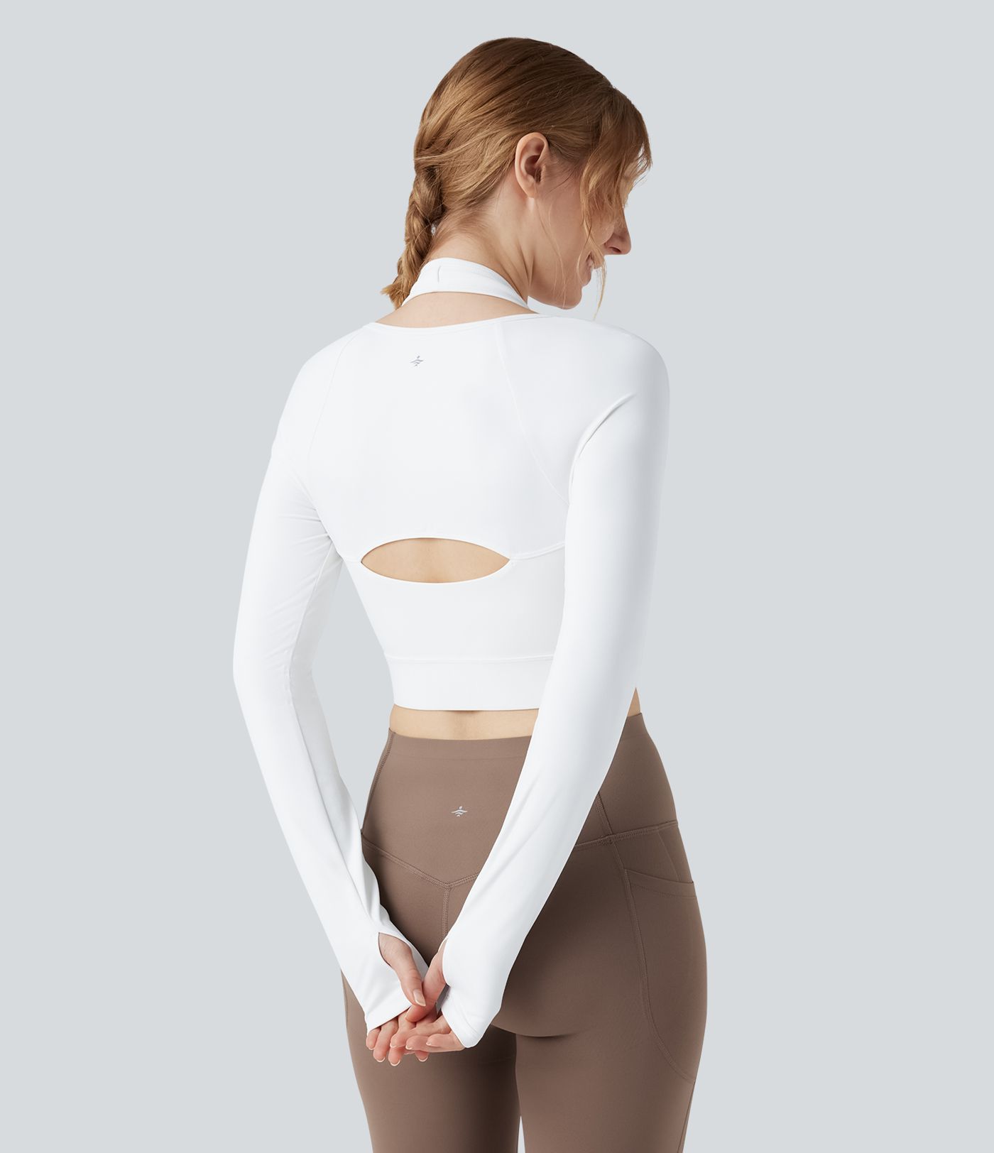 Halara UltraSculpt™ Push-Up Molded Cups Halter Long Sleeve Thumb Holes Zipper Cropped Workout Sports Top