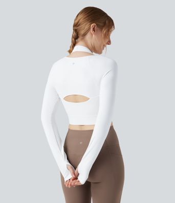 Halara UltraSculpt™ Push-Up Molded Cups Halter Long Sleeve Thumb Holes Zipper Cropped Workout Sports Top