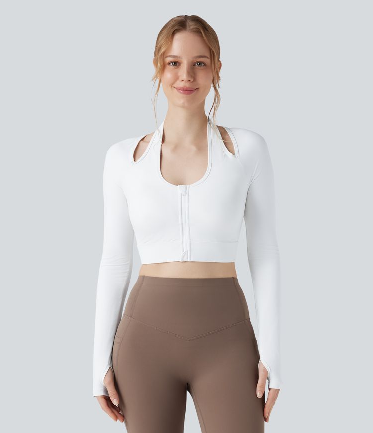Halara UltraSculpt™ Push-Up Molded Cups Halter Long Sleeve Thumb Holes Zipper Cropped Workout Sports Top