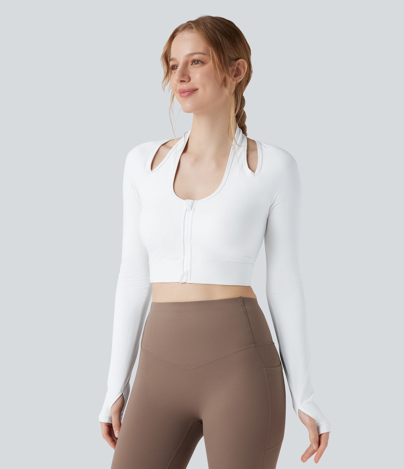 Halara UltraSculpt™ Push-Up Molded Cups Halter Long Sleeve Thumb Holes Zipper Cropped Workout Sports Top